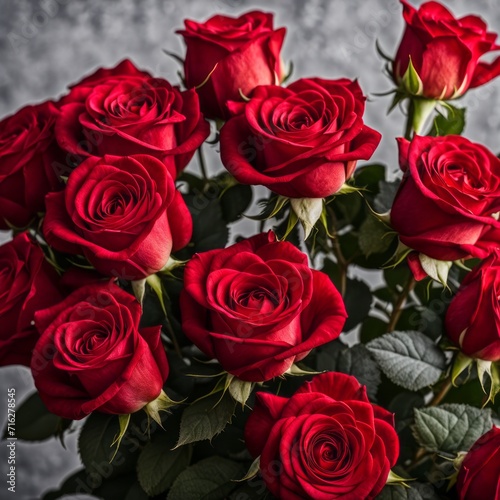 Vibrant Red Roses Bunch Against Blurred Grey Background