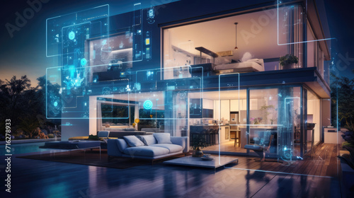 A futuristic smart home with interconnected devices and AI-powered home automation, showcasing the integration of IoT in residential living