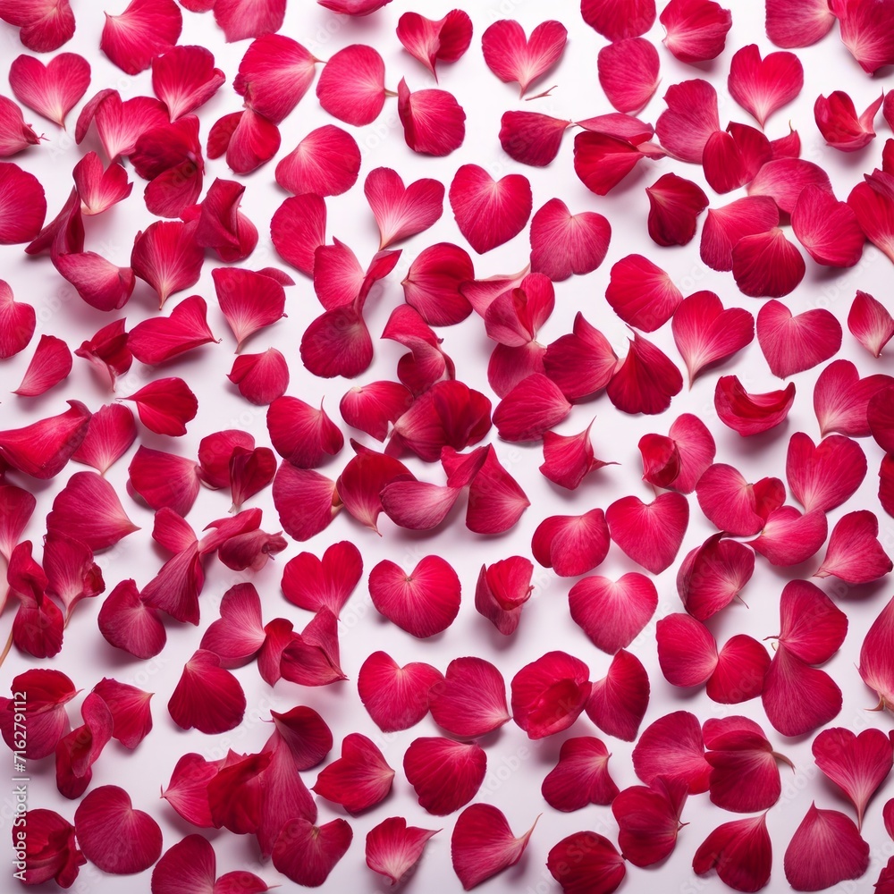 The shape of a heart created within scattered pinkish red rose petals