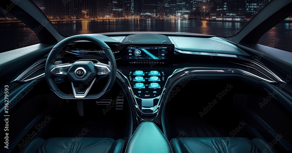 In the future of automotive design, a car dashboard featuring cutting-edge holographic controls and futuristic digital displays.