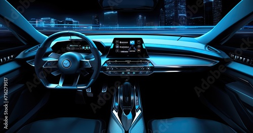In the future of automotive design, a car dashboard featuring cutting-edge holographic controls and futuristic digital displays. © Murda