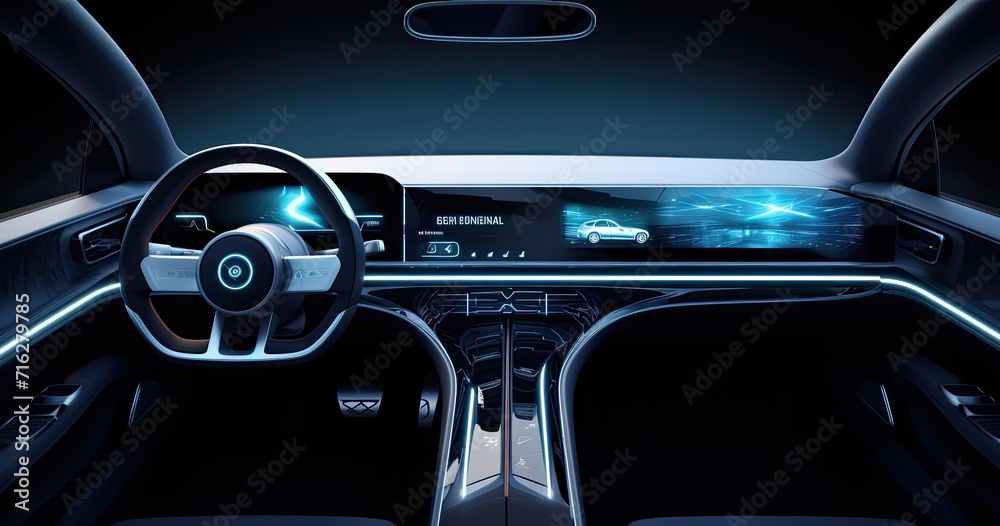 A glimpse into automotive innovation with a futuristic car dashboard boasting holographic controls and state-of-the-art digital displays.