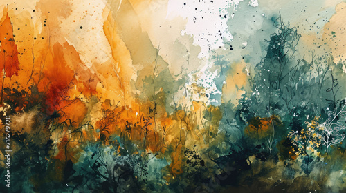 Abstract watercolor background combining soft brown, dark green and orange colors