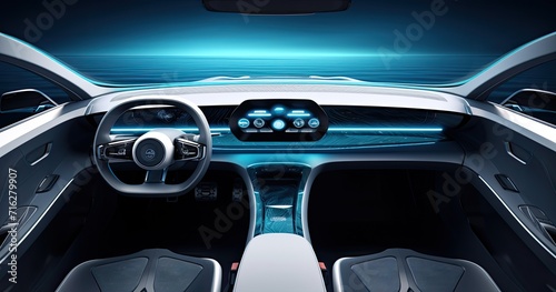 A glimpse into automotive innovation with a futuristic car dashboard boasting holographic controls and state-of-the-art digital displays. photo