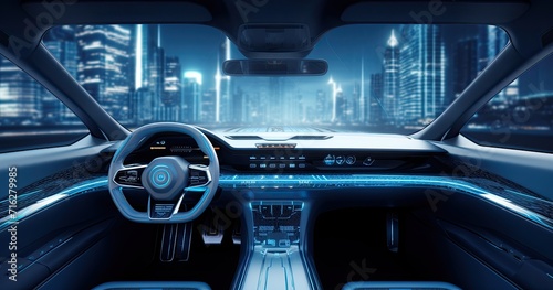 A glimpse into automotive innovation with a futuristic car dashboard boasting holographic controls and state-of-the-art digital displays. © Murda
