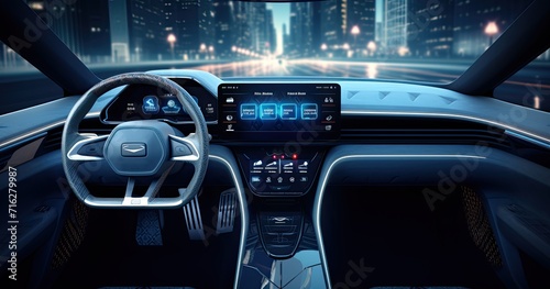 A glimpse into automotive innovation with a futuristic car dashboard boasting holographic controls and state-of-the-art digital displays. © Murda