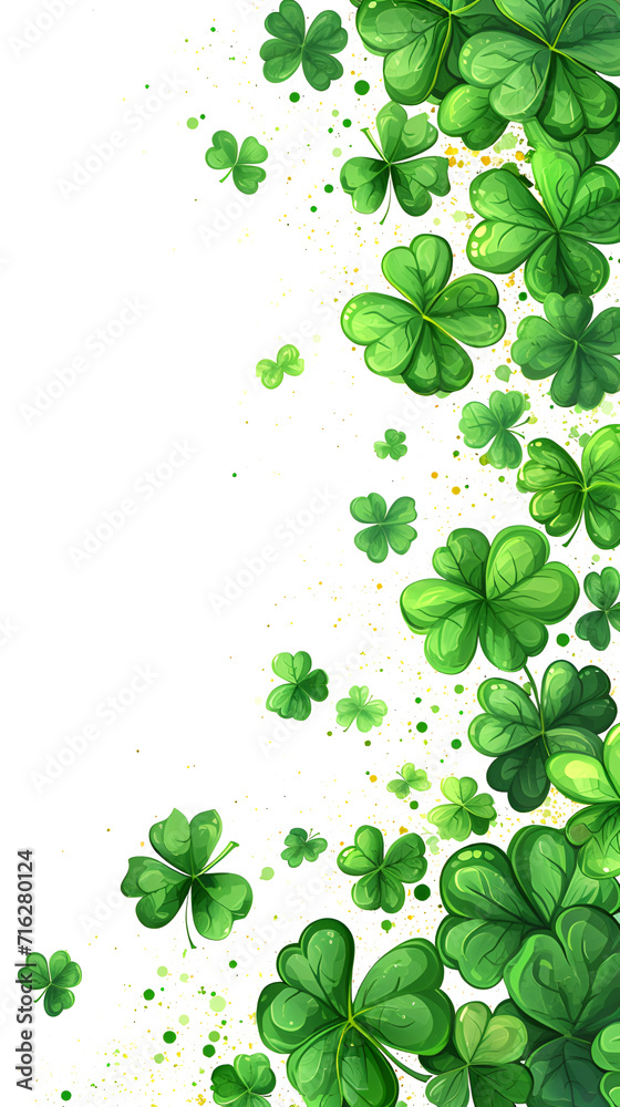 Card template with empty space for St. Patrick's Day with green four and clover on white background, party invitation design.