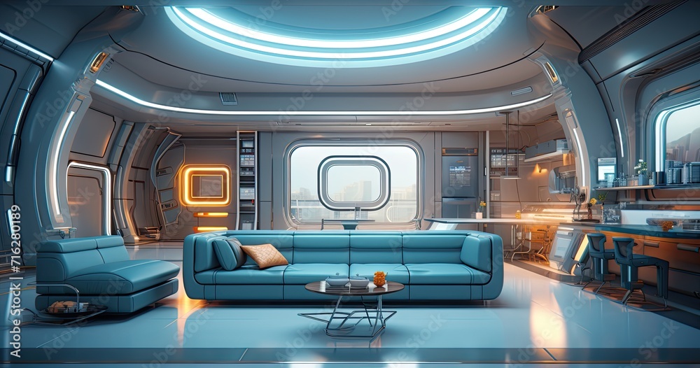 A glimpse into a futuristic living space featuring cutting-edge, hi-tech interior design. A glimpse into a futuristic living space featuring cutting-edge, hi-tech interior design.