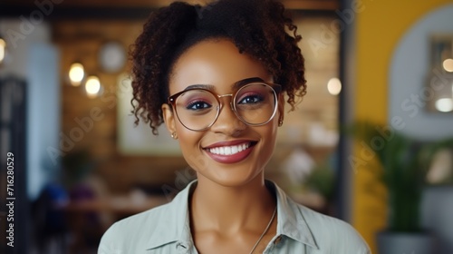 Young Adult Confident Attractive Black Woman, Beautiful Lady Wearing Glasses, Close Up 