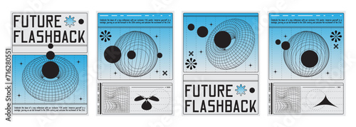 Y2k techno vibe banners set. Vector realistic illustration of retrowave aesthetic posters with geometric design elements, blue wireframe torus, globe on white background, retro futuristic vibe flyers