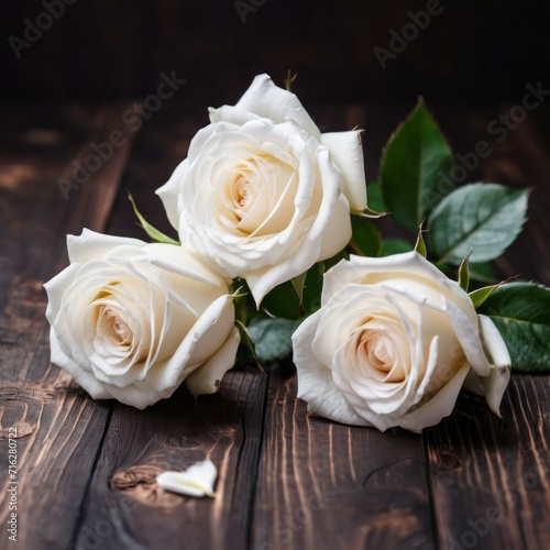 Flowers of white roses on wood background. Happy Valentine s Day with this romantic greeting card.