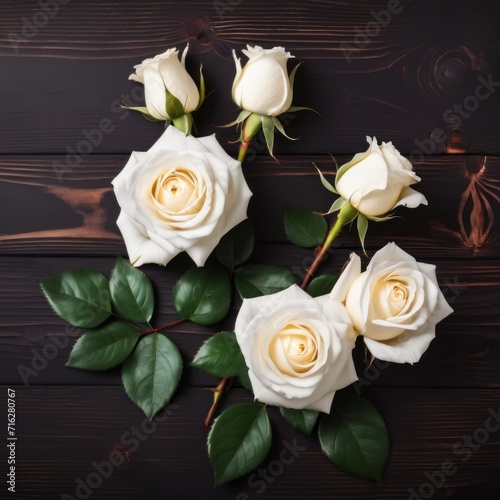 Flowers of white roses on wood background. Happy Valentine s Day with this romantic greeting card.