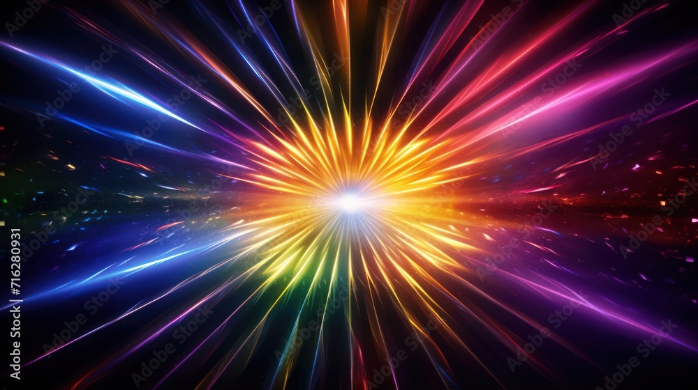 Naklejka premium Disco light explosion with a spotlight center, spiral light beam, and vibrant rainbow colors in the illustration