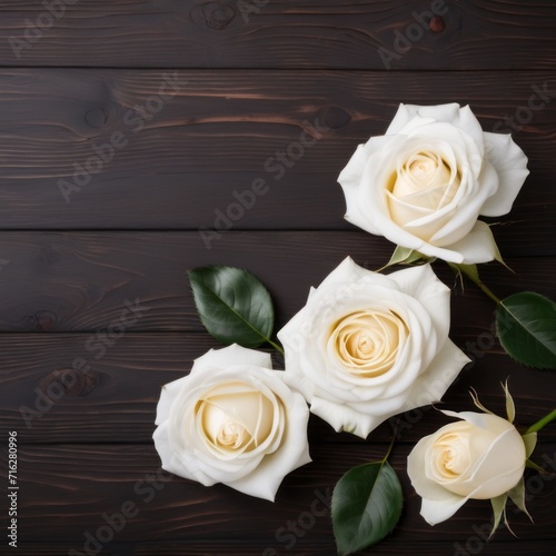 Flowers of white roses on wood background. Happy Valentine s Day with this romantic greeting card.