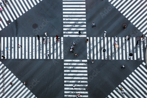 Aerial view of pedestrian crossing with people, Tokyo, Japan