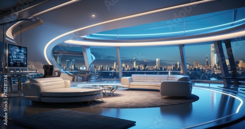 The interior of a living space transported to the future, characterized by sleek and futuristic hi-tech design elements.