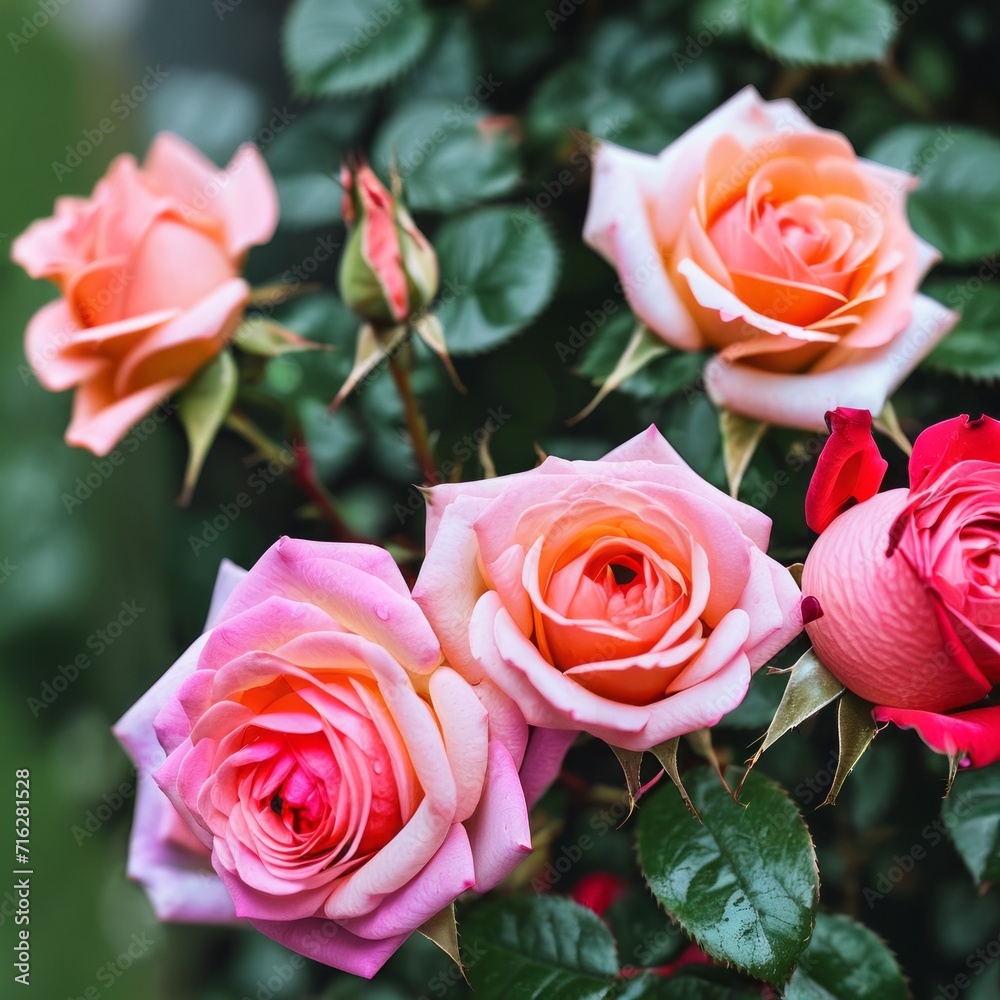 The garden is filled with pink roses blooming outside