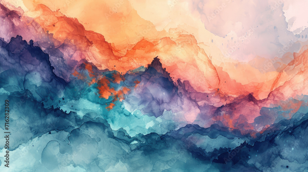 Abstract watercolor background with a soft mix of peach, lavender and pale mint