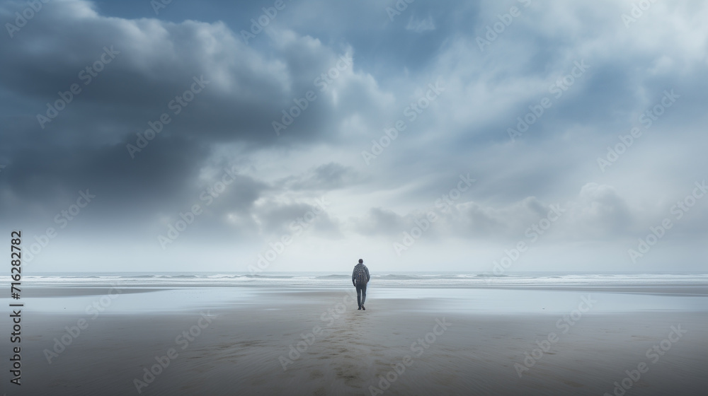 A man was walking in the middle of the sand and the ground was wet. The sky is foggy.