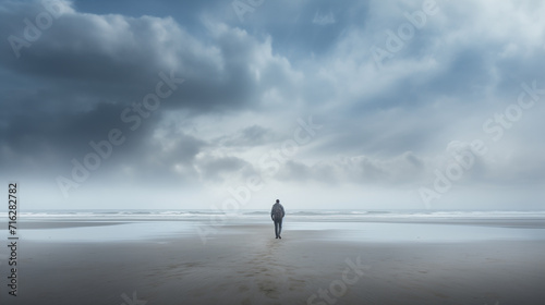 A man was walking in the middle of the sand and the ground was wet. The sky is foggy. photo