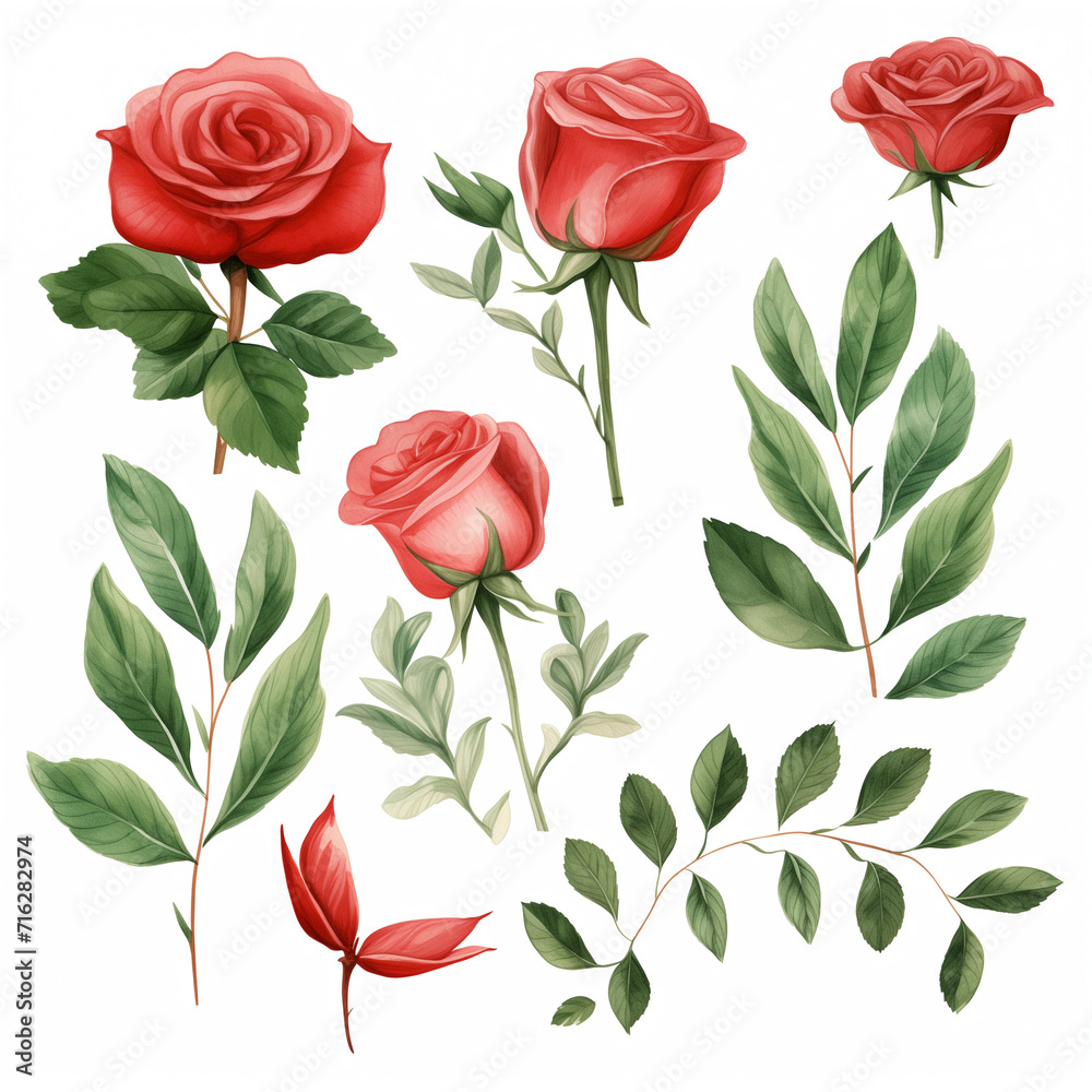Set of pictures of red roses with leaves Set of pictures of red roses with leaves