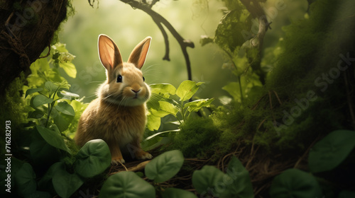 A little rabbit is walking in the forest.