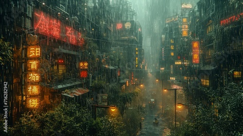A fantasy world with urban nuances densely populated by Chinese people drenched by heavy rain.
