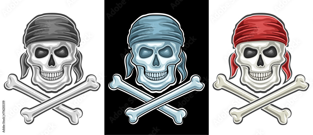 Vector Pirate Skull Set, collection of decorative badges with illustration of various skulls in bandana with crossbones, retro cartoon design skulls for motorbike decor on black and white background - obrazy, fototapety, plakaty 