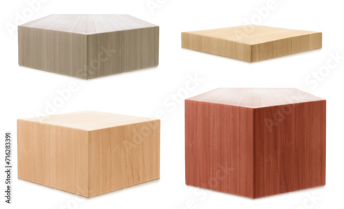 3D set of wooden platforms isolated on white background. Vector realistic illustration of square and pentagonal stages for beauty product presentation, award design, showcase stand, furniture material