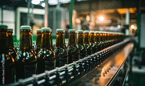 A Line of Colorful Beer Bottles on a Conveyor Belt