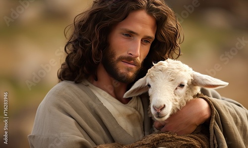 Jesus Christ Embracing a Fluffy Sheep With Beautiful, Flowing Hair