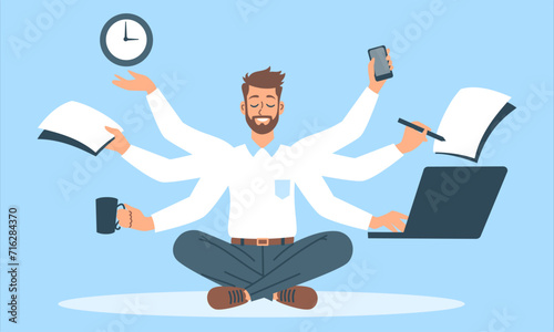 Flat vector illustration. Young man in office clothes with three pairs of hands doing many things at the same time. Concept of multitasking and calmness . Vector illustration