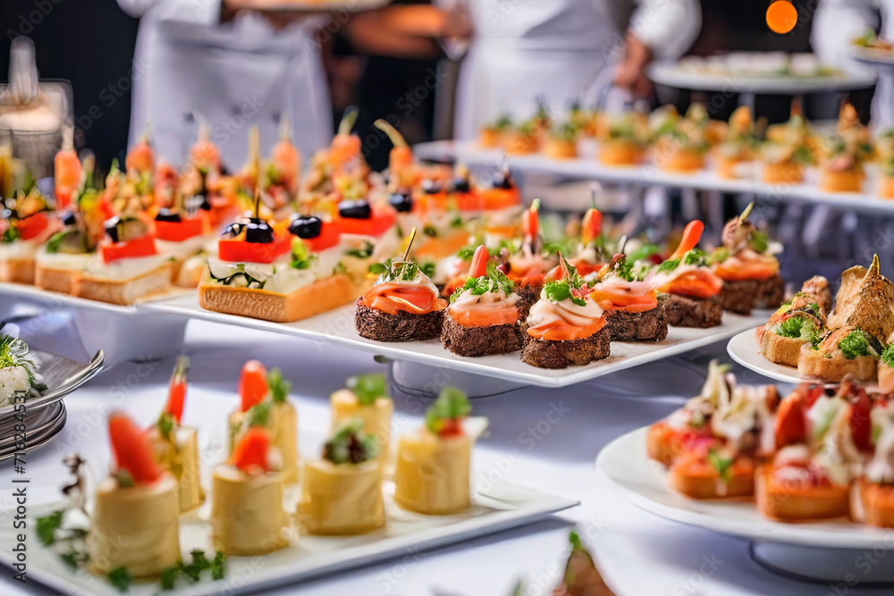 Fototapeta premium Culinary delight. A lavish buffet spread, perfect for celebrations and parties. Elevate your event with this exquisite catering food concept. Bon appétit.