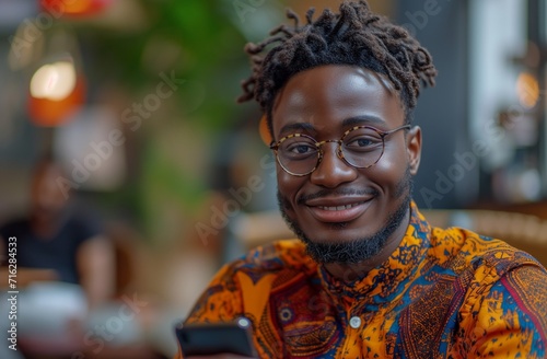 young man using a mobile phone in the office working like a freelance edgy modern lifestyle happy young black man wearing © yevgeniya131988