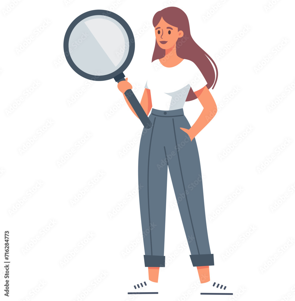 Flat vector illustration. Cute woman standing smiling and holding a big magnifying glass. Information search. Vector illustration Flat vector illustration. Cute woman standing smiling and holding a big magnifying glass. Information search. Vector illustration