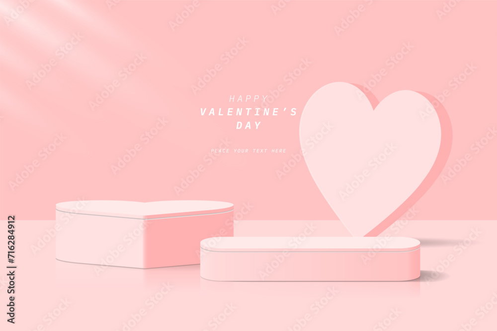 Realistic 3D pink heart cylinder podium and round pedestal with heart shape background. Minimal scene for product presentation. 3D vector stage for showcase. Valentine's day promotion design.