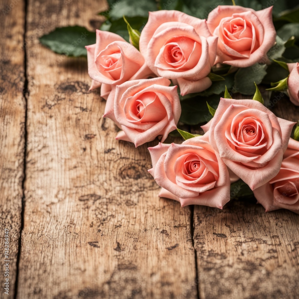 Beautiful Pink roses on wooden background