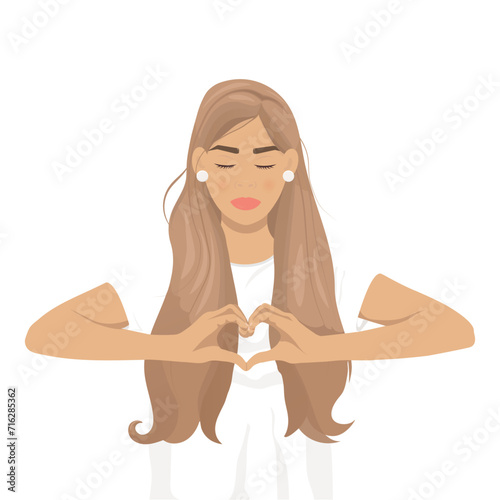  #InspireInclusion 2024 campaign. Woman with heart-shaped hands. International Women's Day concept. Cartoon vector female avatar  on a transparent background.