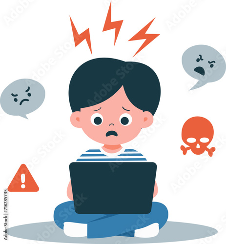 Flat vector illustration. A boy is sitting at her laptop and is afraid. The laptop has forbidden content for children . Vector illustration