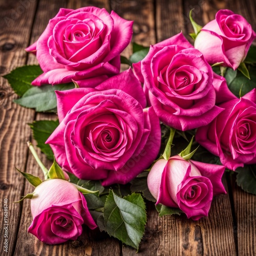 Beautiful Hot Pink roses on wooden background