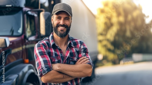 With genuine pride, a cheerful truck driver stands in front of his truck, arms crossed, portraying confidence and contentment in his professional journey on the open road