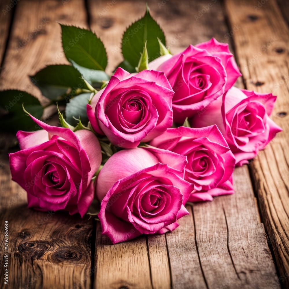 Beautiful Hot Pink roses on wooden background Beautiful Hot Pink roses on wooden background