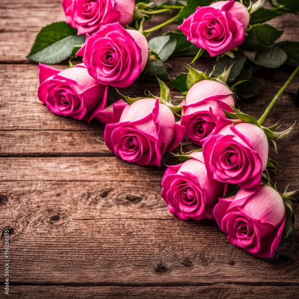 Beautiful Hot Pink roses on wooden background Beautiful Hot Pink roses on wooden background