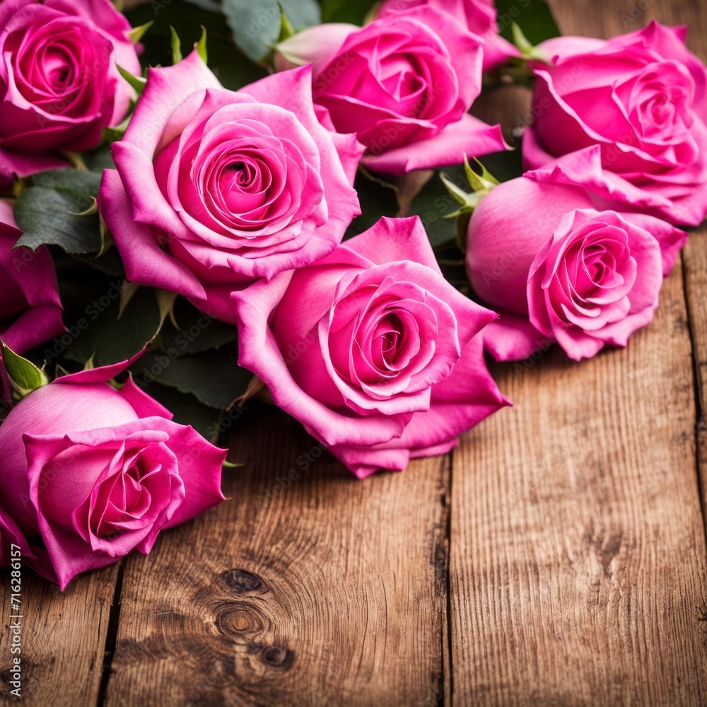 Beautiful Hot Pink roses on wooden background Beautiful Hot Pink roses on wooden background