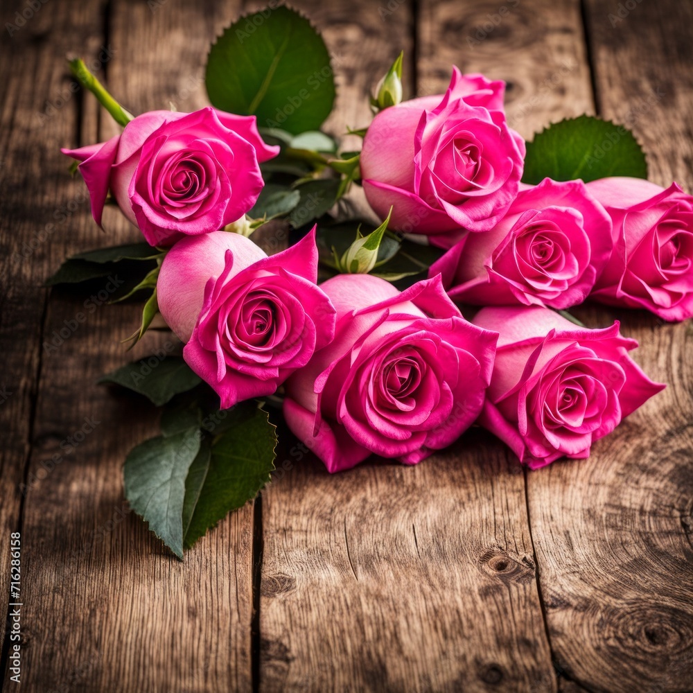 Beautiful Hot Pink roses on wooden background Beautiful Hot Pink roses on wooden background