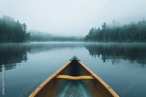 Bow of a canoe on a foggy lake