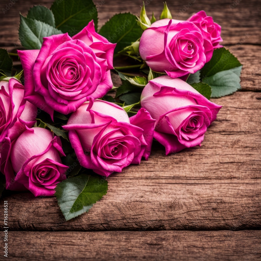 Beautiful Hot Pink roses on wooden background Beautiful Hot Pink roses on wooden background