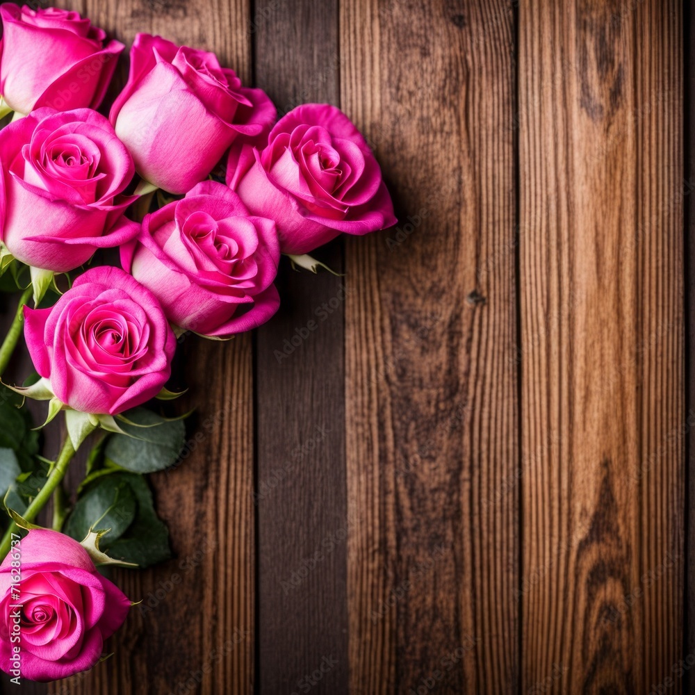 Beautiful Hot Pink roses on wooden background Beautiful Hot Pink roses on wooden background