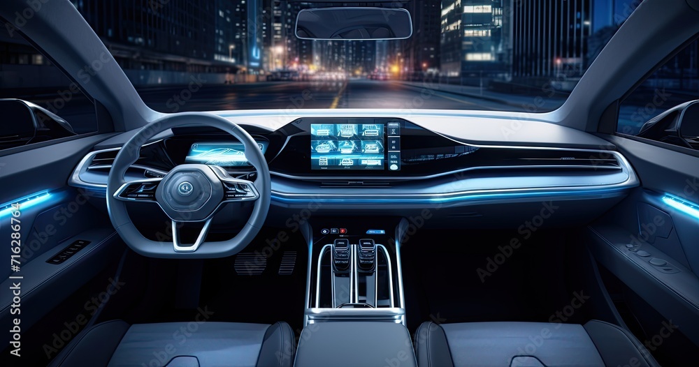 The cockpit of a futuristic autonomous car, showcasing advanced technology and sleek design. The cockpit of a futuristic autonomous car, showcasing advanced technology and sleek design.