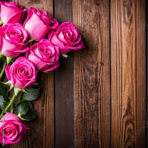 Beautiful Hot Pink roses on wooden background